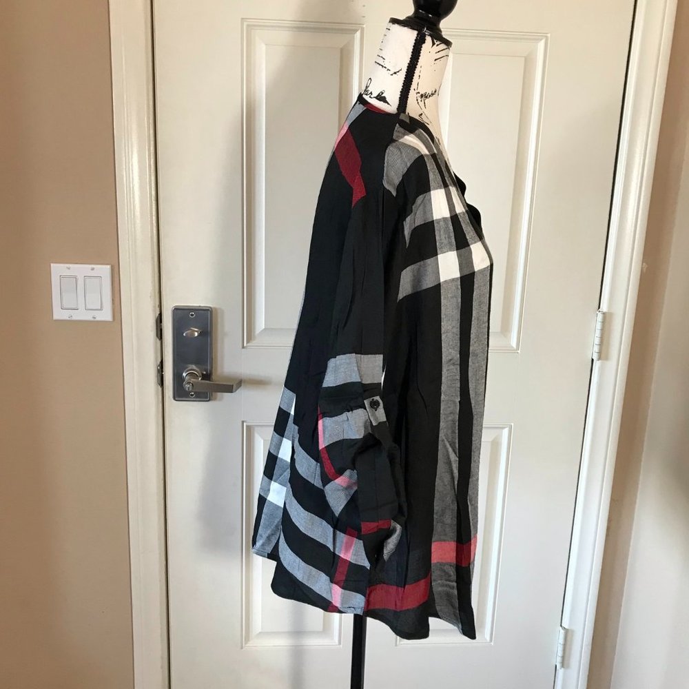 Amaryllis Plaid Roll-Tab Blouse Red, White, Black - Picture 2 of 3